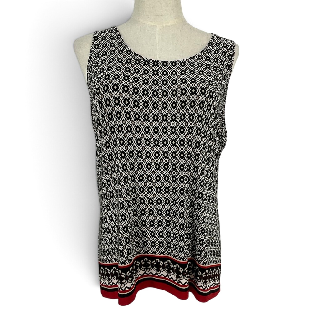 Travelers by Chicos Black White Geometric Tank Top Red Border Sz 2 L 12